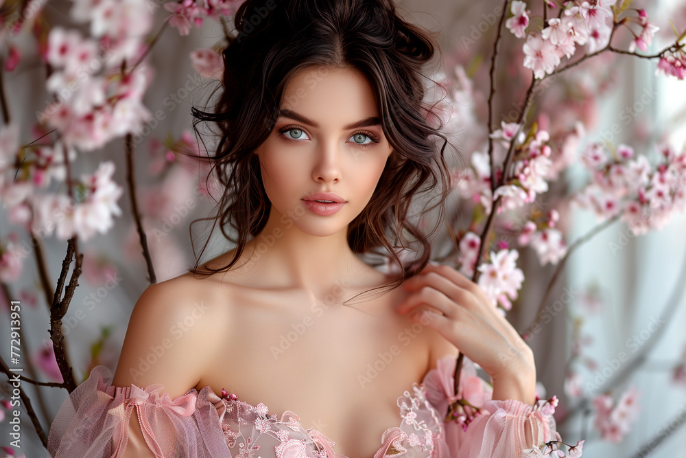 portrait of beautiful woman on pink cherry blossom background