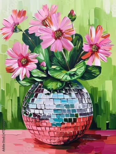 Oil painting with Flowers in Disco ball vase, AI generated