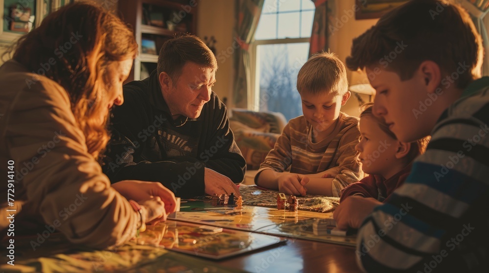Family Engaged in a Fun Board Game at Sunset