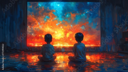 Sitting in the Rain Two Boys Watching the Sunset Generative AI