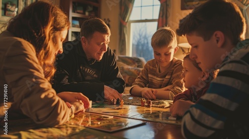 Family Engaged in a Fun Board Game at Sunset