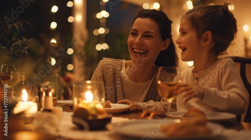 Warm Family Evening Meal with Smiling Mother and Child