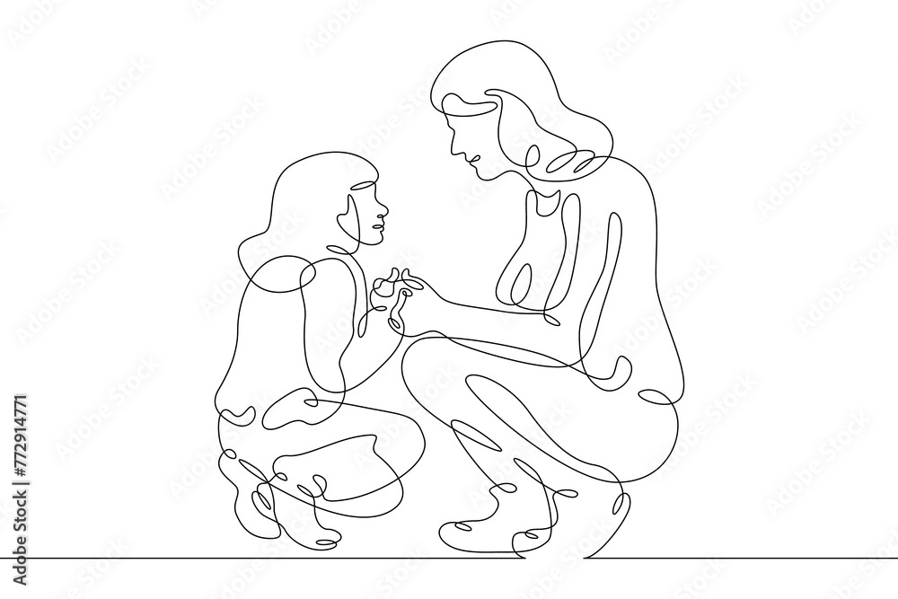 One continuous line.A young woman communicates with a child. Mother with a baby. Child games with parent. Kids games.One continuous line drawn isolated, white background.