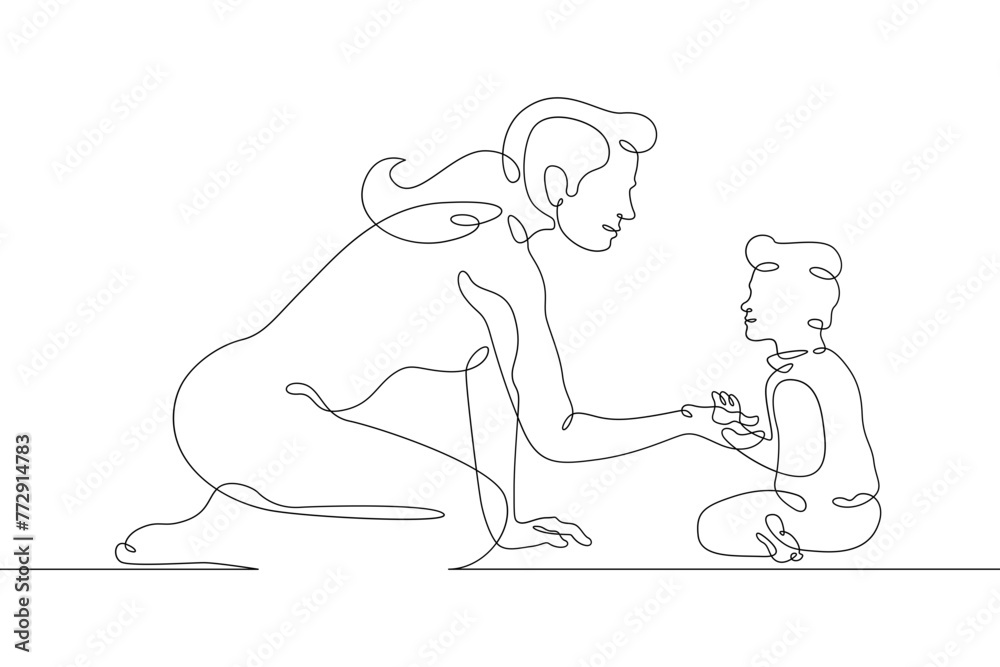 One continuous line.A young woman communicates with a child. Mother with a baby. Child games with parent. Kids games.One continuous line drawn isolated, white background.