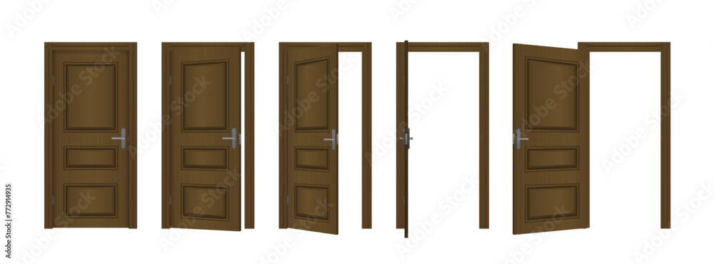 Open and closed front door of the house isolated on white background. Open and closed entrance realistic door. Classic room concept. Wooden outdoor entrance with shining light