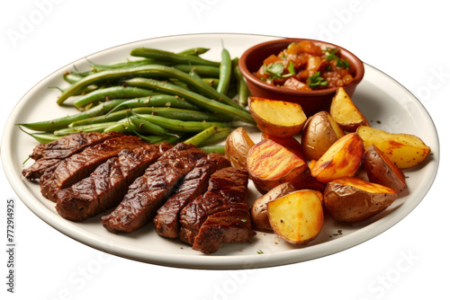Steak, Potatoes, and Green Beans on White Plate. On a White or Clear Surface PNG Transparent Background.. © Usama