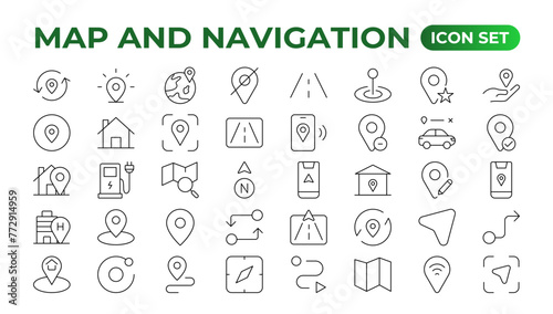 Navigation Line Icons vector. symbol of map location, Route, Marker, Map place marker. pointer GPS location symbol.