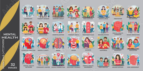36 images for Mental Health set in editable color image style. Containing mental health care, mental clarity, treatment plan, mental health network, brain, counseling, etc. Vector illustration.