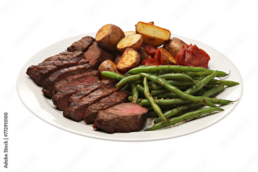 Steak, Potatoes, and Green Beans on a Plate. On a White or Clear Surface PNG Transparent Background..