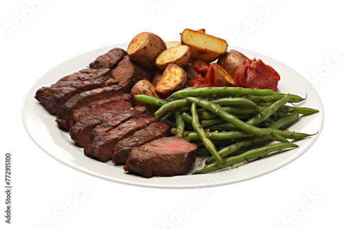 Steak, Potatoes, and Green Beans on a Plate. On a White or Clear Surface PNG Transparent Background..