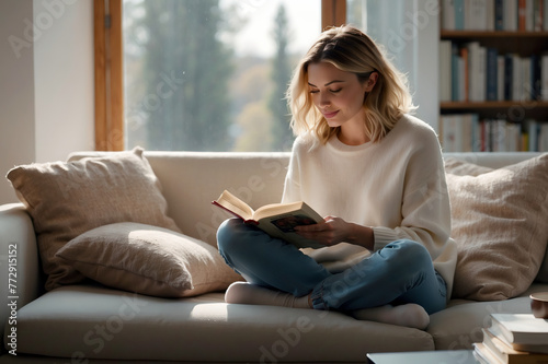 Gemütliches Lesen zu Hause: Junge Frau entspannt mit Buch auf dem Sofa