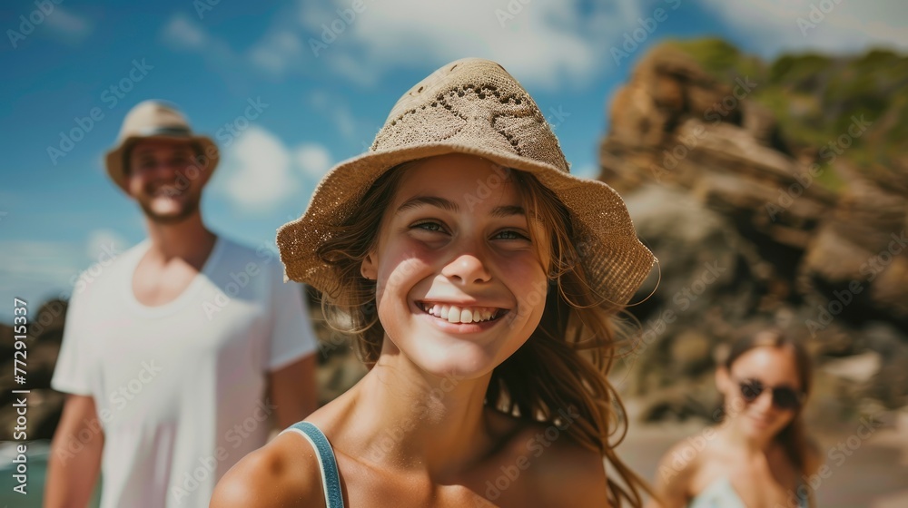 Young Woman Smiling on a Beach Vacation with Family