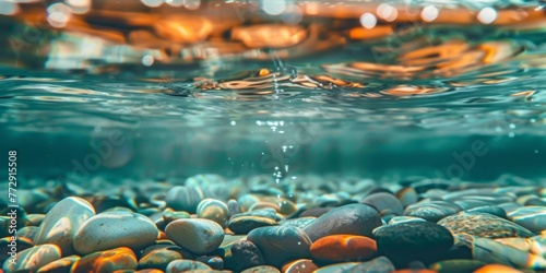 Smooth multi-colored pebbles are visible beneath clear water in this close-up shot photo
