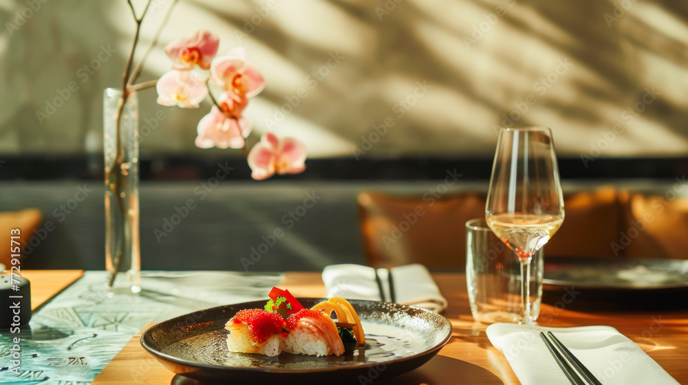 Delicious sushi set on the table in the kitchen or restaurant interior. Japanese cuisine. Homemade sushi and rolls set on the table top. Healthy seafood. Restaurant menu. sushi set nigiri, sashimi Delicious sushi set on the table in the kitchen or restaurant interior. Japanese cuisine. Homemade sushi and rolls set on the table top. Healthy seafood. Restaurant menu. sushi set nigiri, sashimi