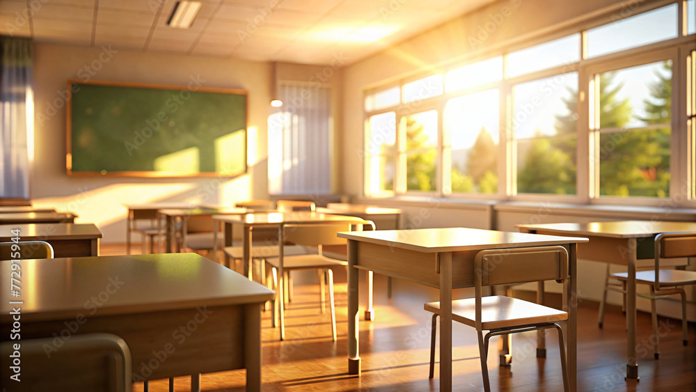 Interior of a School Room with Chairs, Morning Light Ray