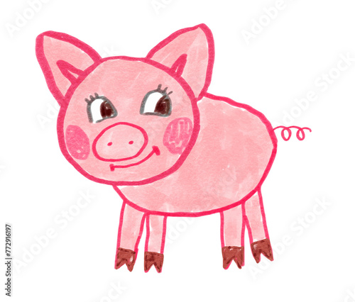 Felt pen vector illustration of child drawing of cute pig