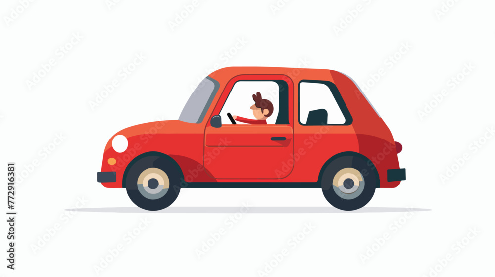 Red car with a small man inside. Flat vector