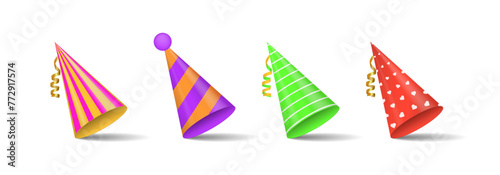 Party shiny caps isolated on white background. Collection of festive hats for parties and holidays celebrations. Cone paper hat with birthday decoration elements. Vector illustration