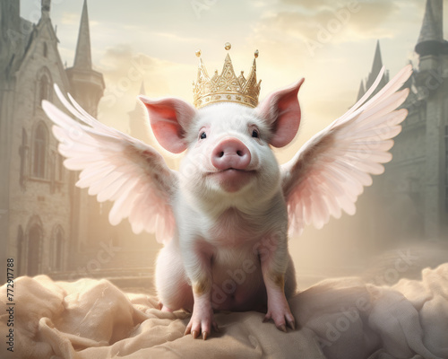 Piglet entrepreneur with angel wings and crown, representing new opportunity and positive vision