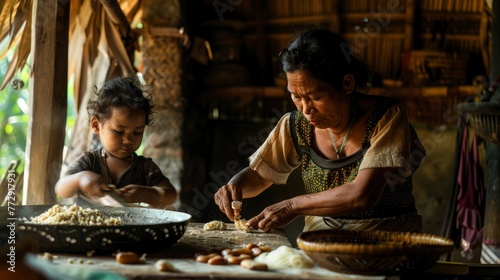 Grandmother and Child Preparing Food in Rustic Kitchen