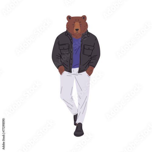 Fashionable bear in puffer jacket vector illustration
