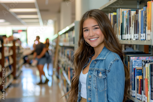 Stylish and smart Italian teenage woman with long brown hair is leaning against a bookcase in a book store at university in Italy. Joyful and optimistic teenager from Italy posing at school library.