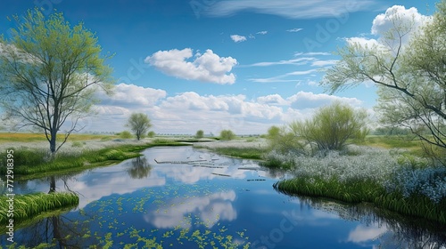 Pond in the forest. Nature  thicket  tree  lake  fish  water  mud  reeds  frogs  water lily  swamp  fishing  swan  water lilies  river  crucian carp  park. Generated by AI