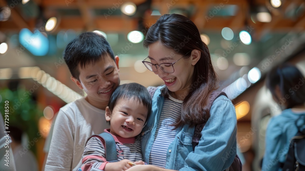 Young Family Sharing a Laugh with Toddler at a Shopping Mall Young Family Sharing a Laugh with Toddler at a Shopping Mall