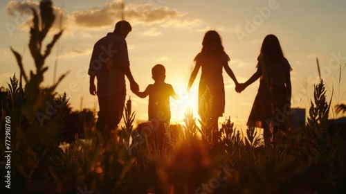 Silhouetted Family Walking Hand in Hand at Sunset in the Countryside