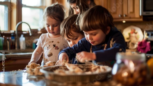 Children Learning to Bake with Mother in Sunlit Kitchen