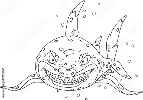 Ghastly great white shark with devious grin and giant sharp teeth in open jaws attacking from sea depths, lack and white vector cartoon illustration for a coloring book