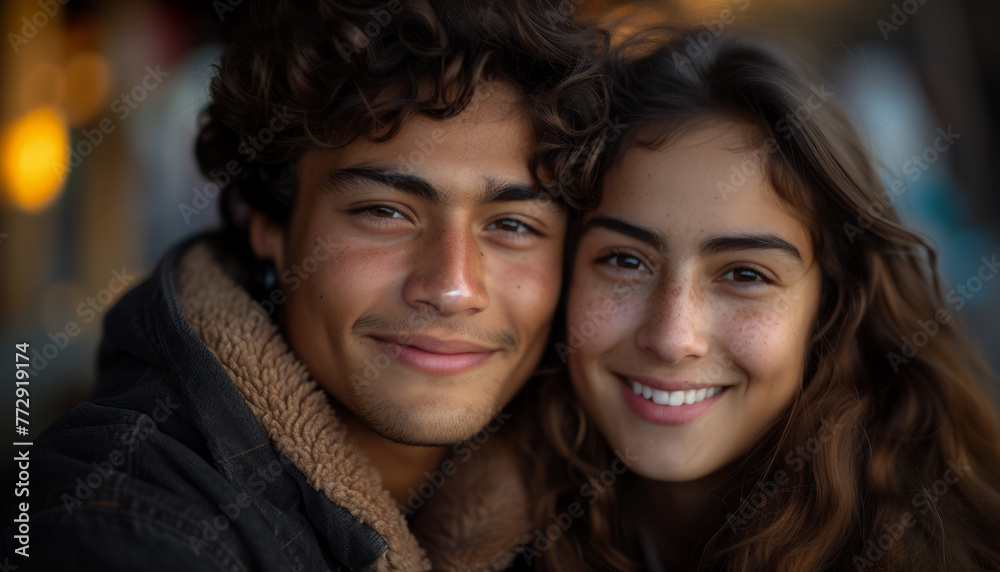 Close-up of a happy young couple posing in an urban setting, Generative AI Close-up of a happy young couple posing in an urban setting, Generative AI