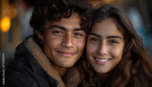 Close-up of a happy young couple posing in an urban setting, Generative AI