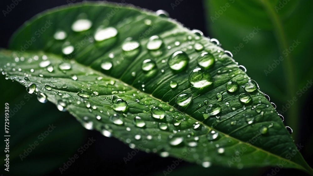 Wet green leaf covered in fresh rain dew water drops macro close-up illustration. Realistic detailed nature eco background wallpaper header design concept with blur bokeh effect. Wet green leaf covered in fresh rain dew water drops macro close-up illustration. Realistic detailed nature eco background wallpaper header design concept with blur bokeh effect.