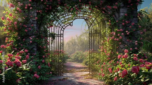 Gate to the labyrinth. Exit, flowers, map, game, confusion, path, entrance, puzzle, bushes, get lost, fear, walls, fence, creaking, manor, forging. Generated by AI photo