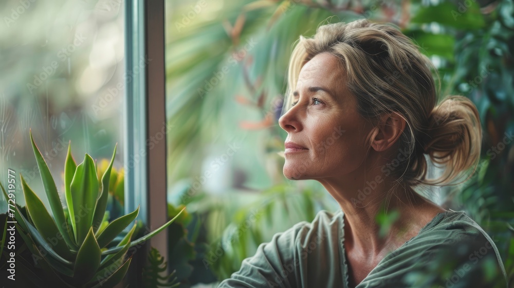 Woman Enjoying Serenity by Window with Lush Houseplants Woman Enjoying Serenity by Window with Lush Houseplants