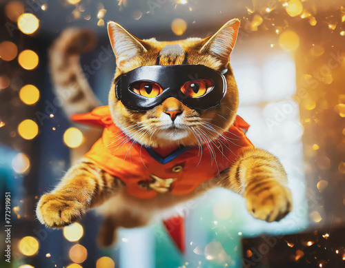 Image amusante d'un chat déguisé en super héro, qui porte un masque, une cape et qui bondit, vole , paillettes dorées dans un arrière plan flouté