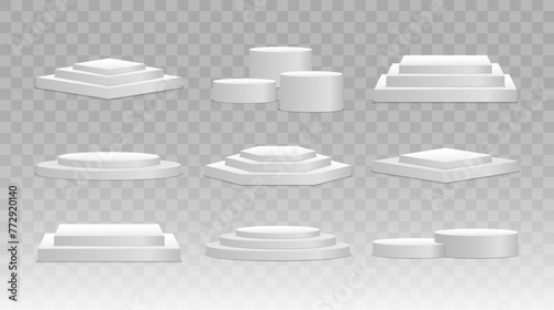 White 3d podium mockup in different shapes. Pedestal and platform, stand stage, cylinder. Template for promotional items. Round and square empty stages and podium stairs vector 3d