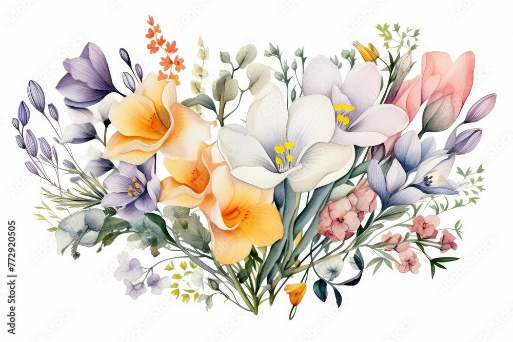 watercolor of freesia clipart with fragrant blooms in various colors. flowers frame, botanical border, floral illustration for wedding invitations, floristic, beauty salon. Tropical, spring blossom. - obrazy, fototapety, plakaty 
