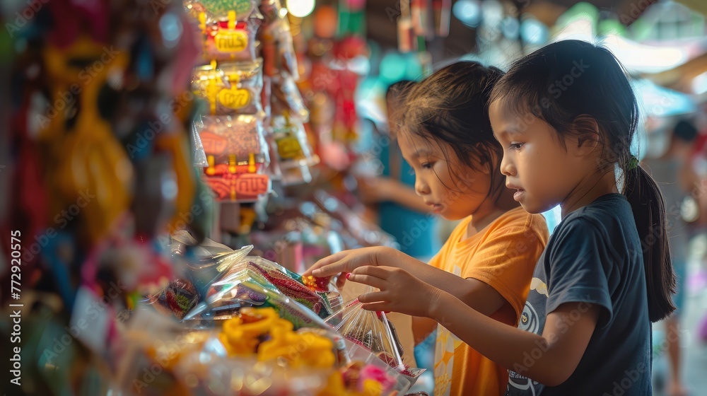Siblings Choosing Sweets at Colorful Market Stall
