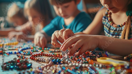 Kids Engrossed in Picking Beads for Handmade Crafts