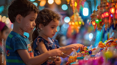 Young Siblings Selecting Toys at Vibrant Night Market