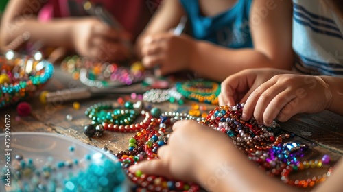 Children Engaged in Crafting Colorful Beaded Jewelry