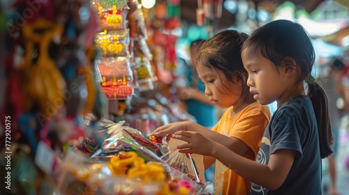 Siblings Choosing Sweets at Colorful Market Stall © Tungbackground