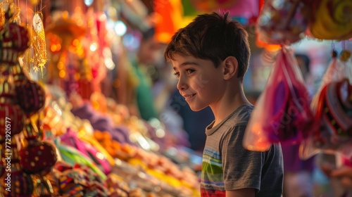 Young Boy Mesmerized by Bright Ornaments at Market Stall