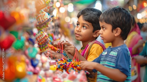 Children Exploring Colorful Toy Stall at Local Market