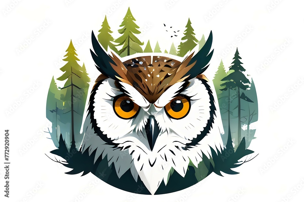 Majestic Forest Owl.
A captivating owl illustration with a pine forest background, ideal for wildlife themes and educational materials.