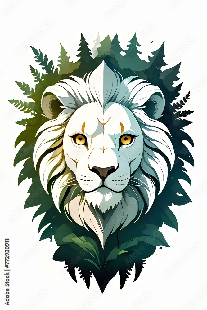 Obraz premium Jungle Monarch Essence. An artistic lion's face surrounded by lush foliage, capturing the essence of wildlife and jungle royalty.