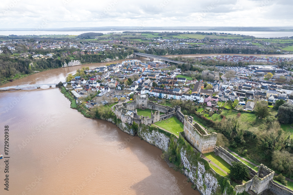 Beautiful aerial panorama view of the Chepstow downtown and Chepstow Castle, Wales, United Kingdom