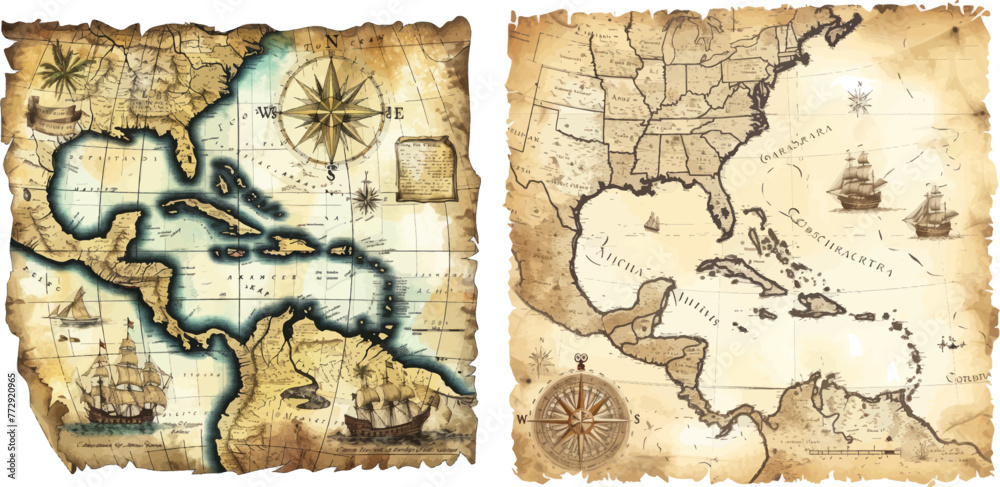 Ancient pirate routes, fantasy sea pirates ships and vintage pirate maps